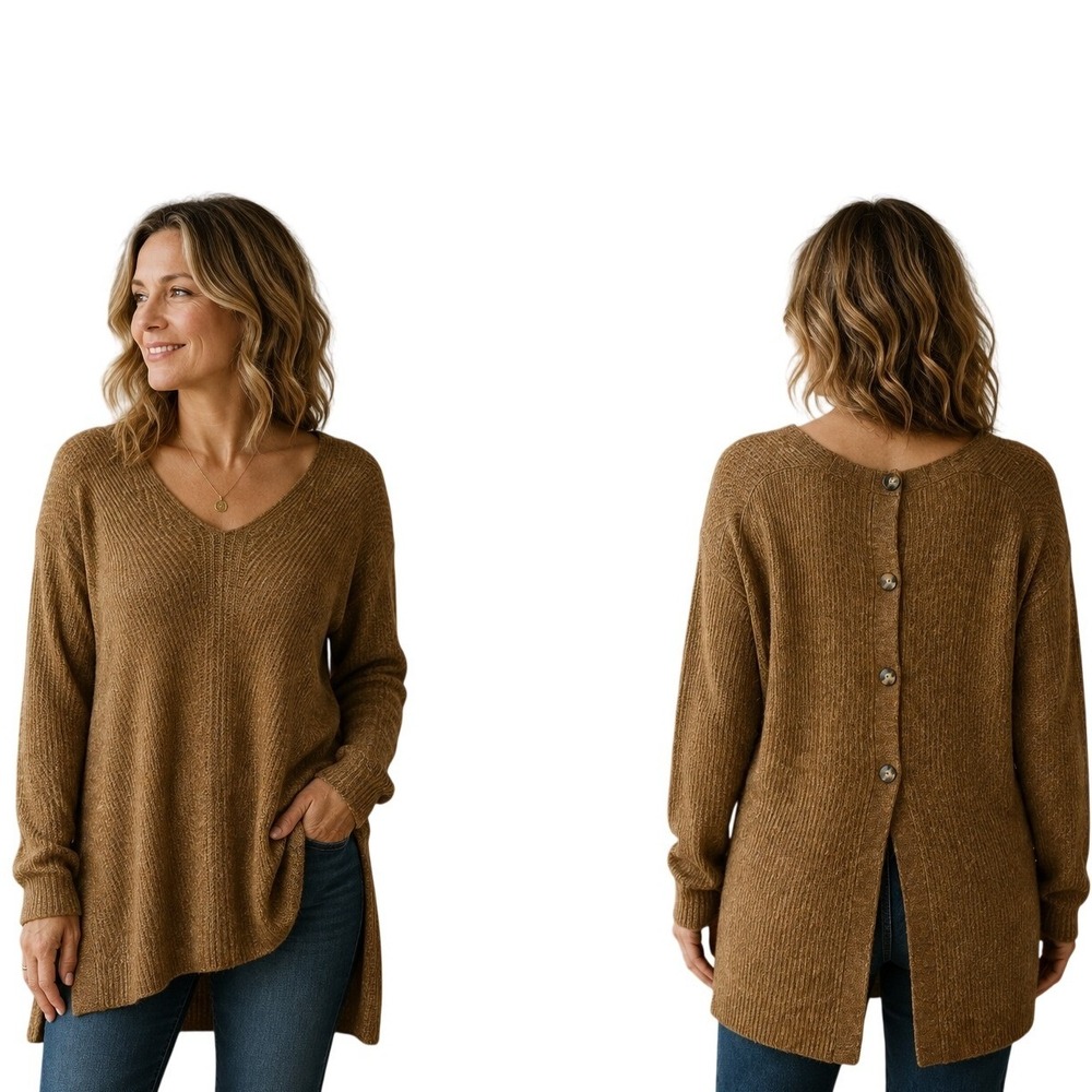 Point Sur J.Crew Alpaca Blend Button Back V-Neck Sweater Brown XS Oversized